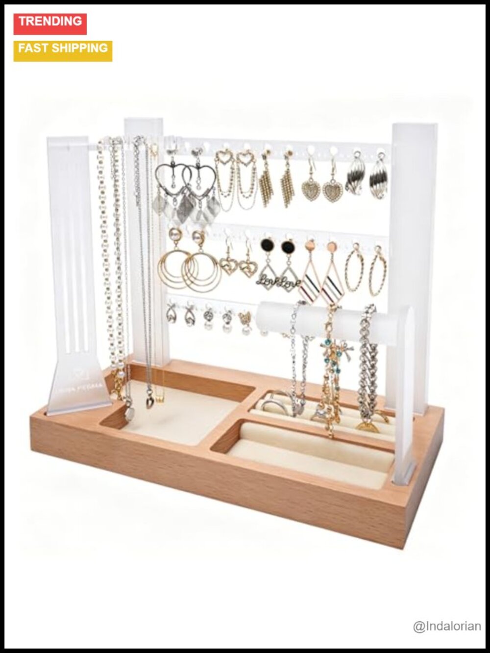 3-Tier Frosted Acrylic Jewelry Organizer Stand with Beech Wood Base